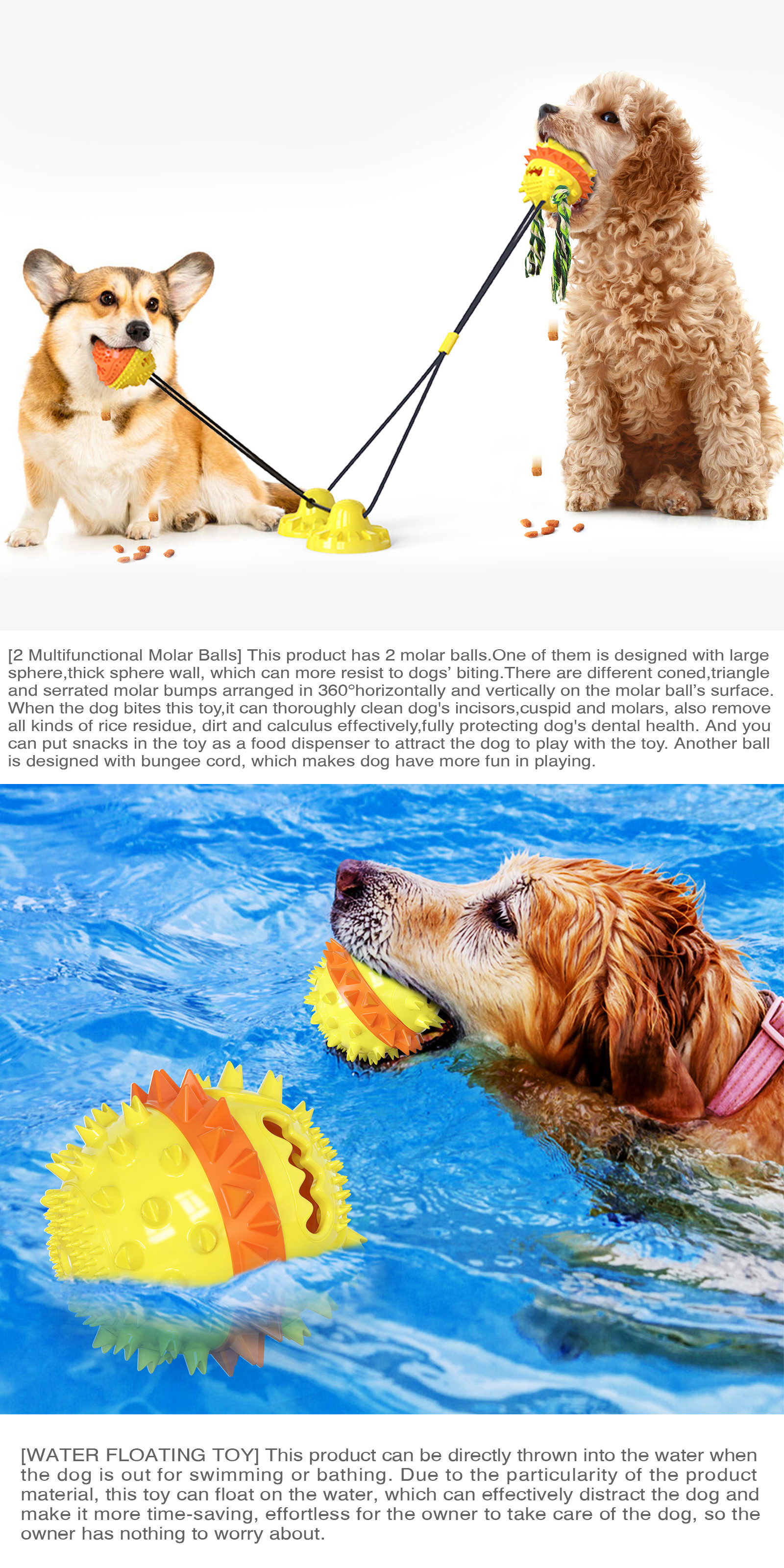 Sucker Drawstring Teeth Cleaning Dog Toy / TPR Double Ball Dog Food Dispenser Toy