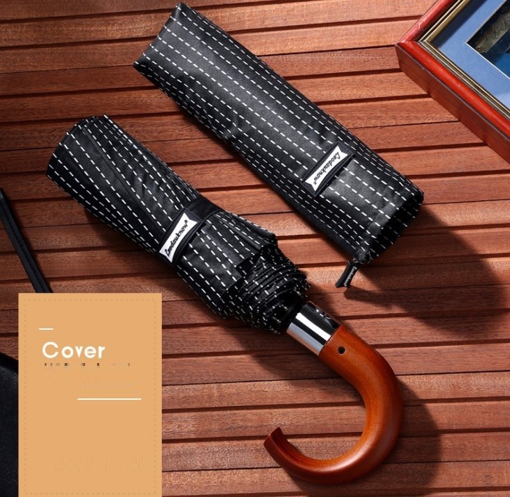 22" 3 Folding Pongee Fabric Wooden Handle Umbrella