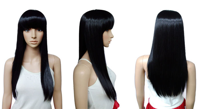 Soft Long High Temperature Fiber Black Hair Wigs With Bangs 16 Inches