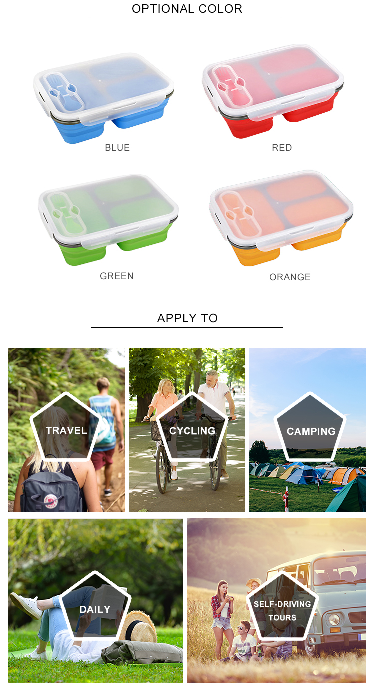 Rectangle 3 Compartment Collapsible Bento Box For Adults