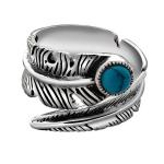 Turquoise Adjustable Tribal Feather Ring 925 Sterling Silver Band Ring (024952)