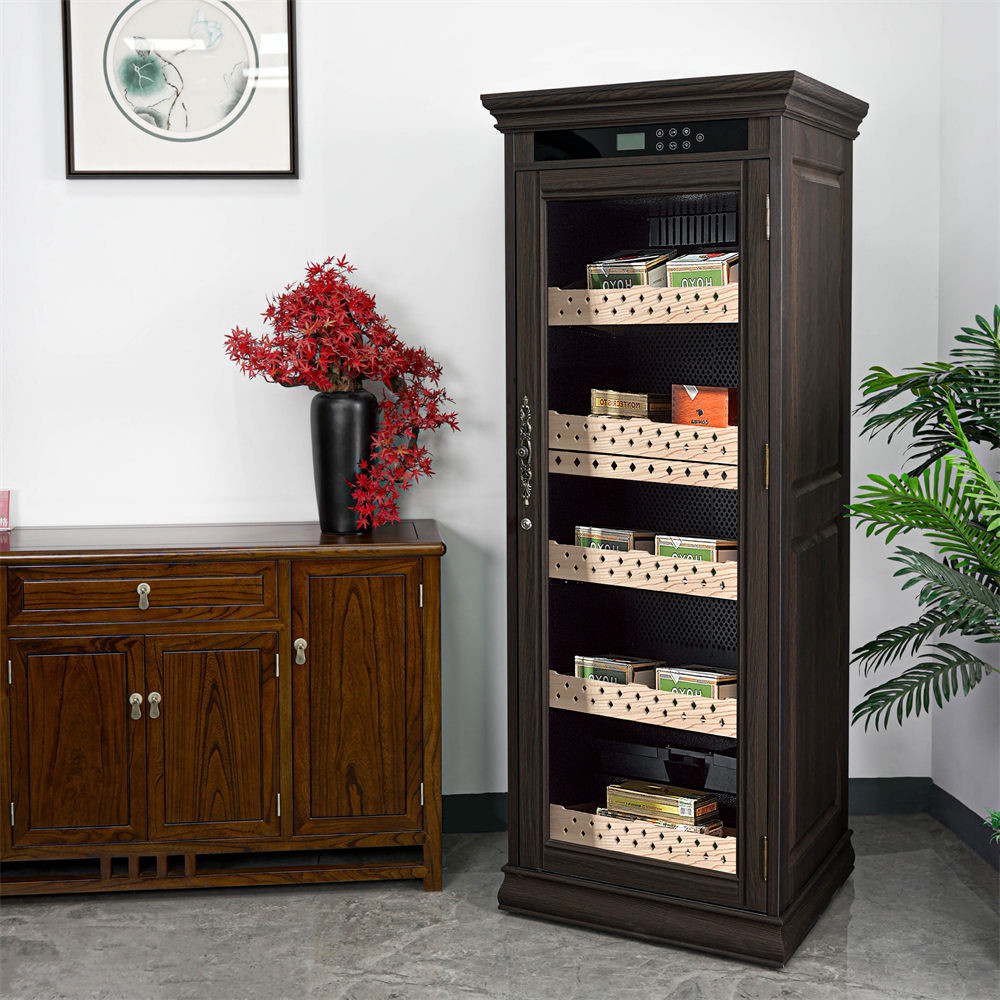 Touch Control Lockable Glass Door Dark Brown Solid Wood Cigar Cooler Humidor