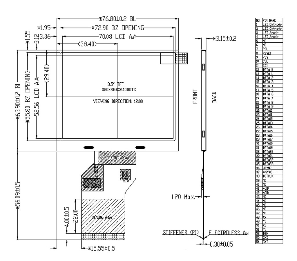 3.5 Inch 900cd/M2 LCD TFT Display, 320x240 Resolution, 54 Pins 24bit RGB Interface