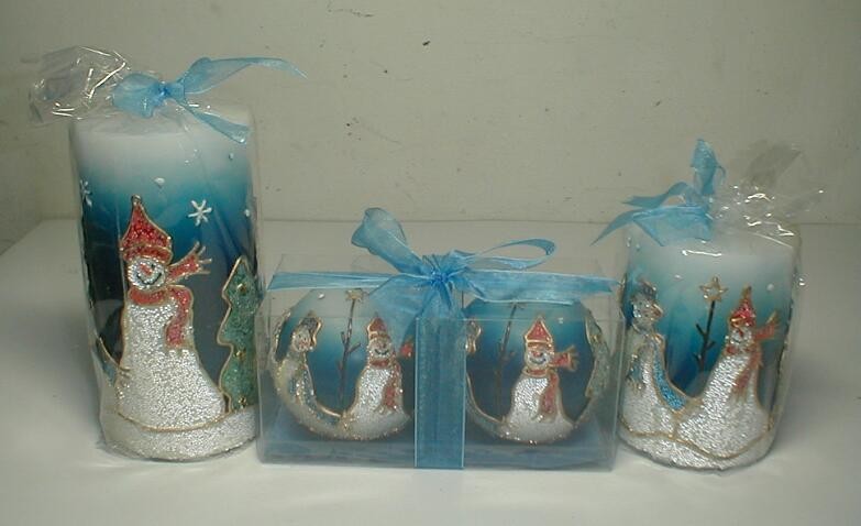Xmas paraffin material snowman candle handmade with ball shape and pillar shape