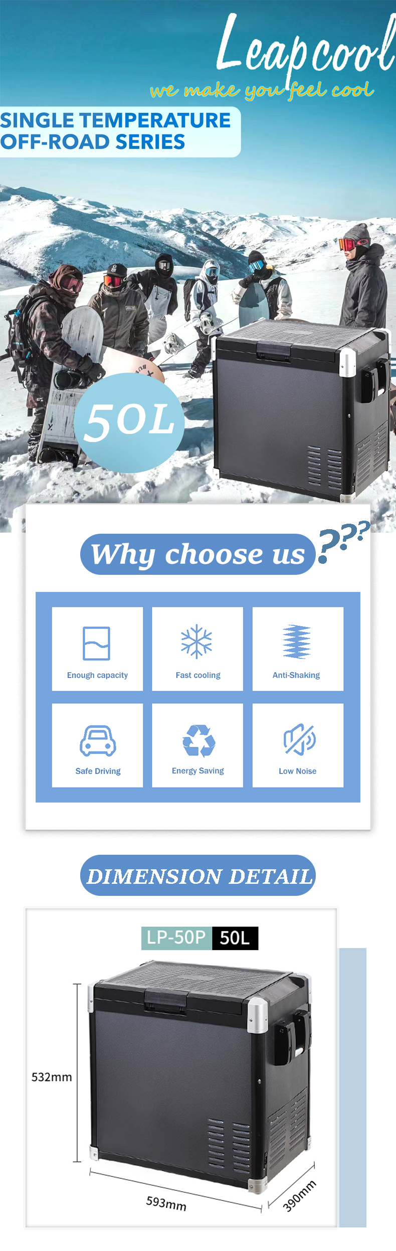 Cooling Mode Refrigerator 12V Portable 50L Solar Fridge for Camping Truck RV Boat