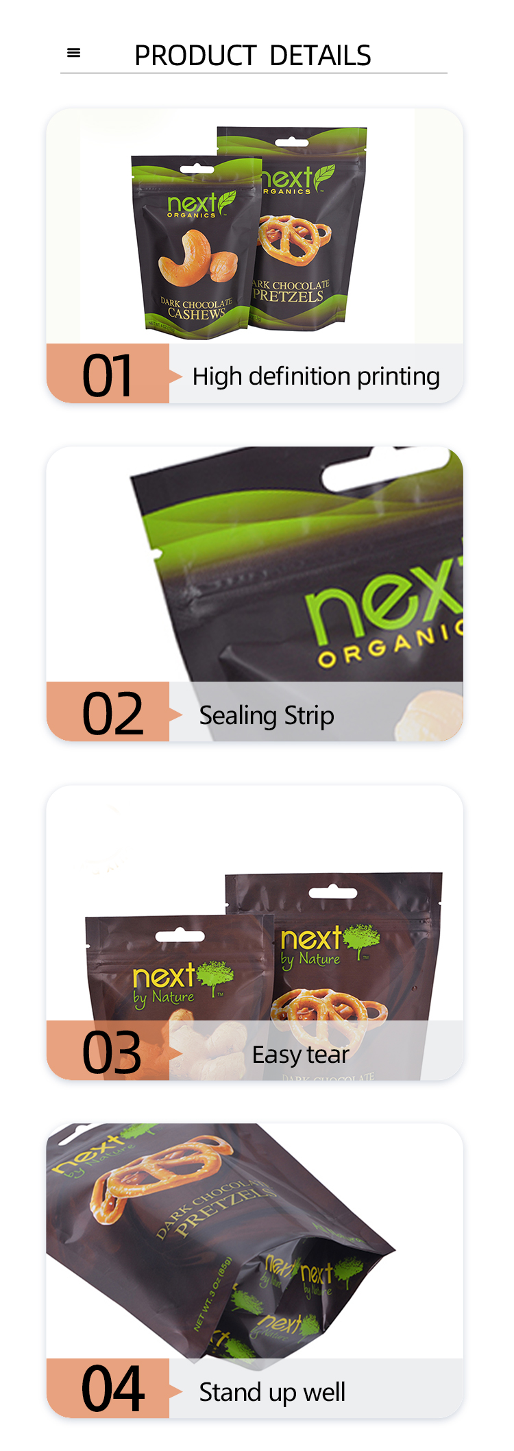128g 4oz 6oz Plastic Pouches nut roll film Food Packaging Bag Nut Packing Bag For Snack