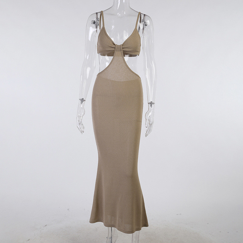 Midi Length Elegant Sexy Women Dresses , 116cm Low Cut Halter Dresses Five Color