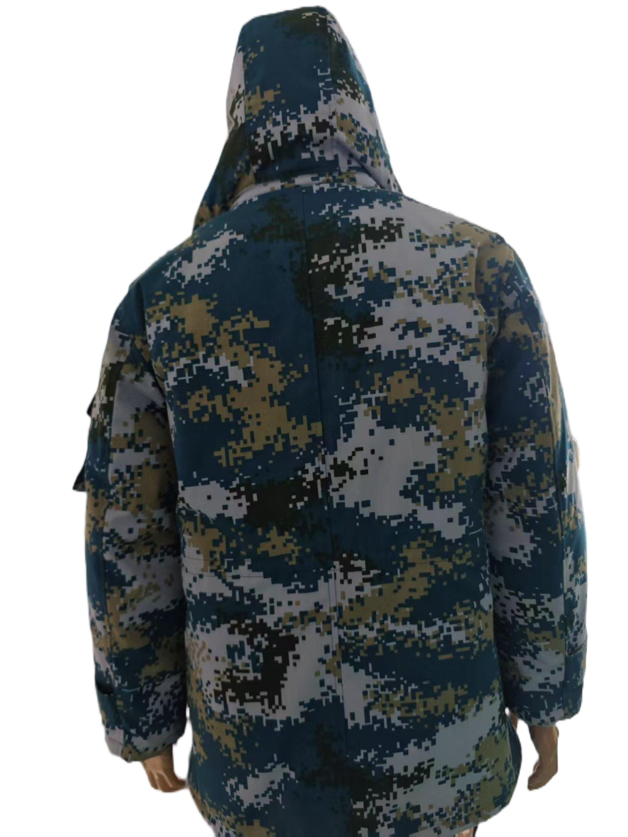 Tactical Blue Camo Insulated Jacket - Detachable Thermal Liner & Adjustable Waist Strap
