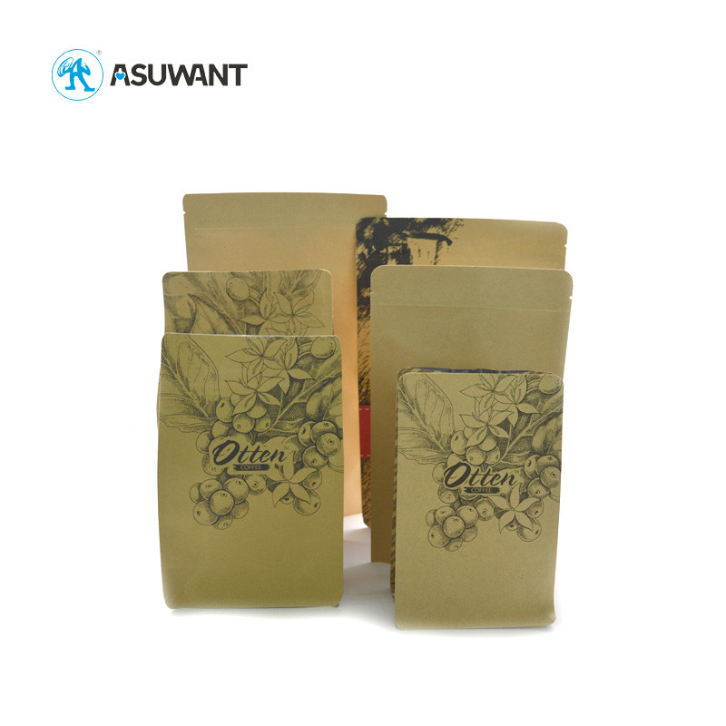 Custom Eco Friendly 500g Kraft Paper Zipper Bags Flat Bottom