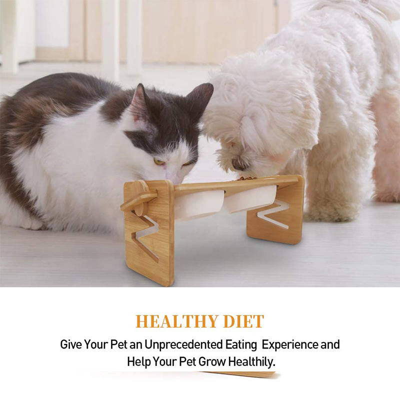 Pet Feeding Food Made Stylish Solid Bamboo Elevated Feeder Stand with Ceramic Bowl
