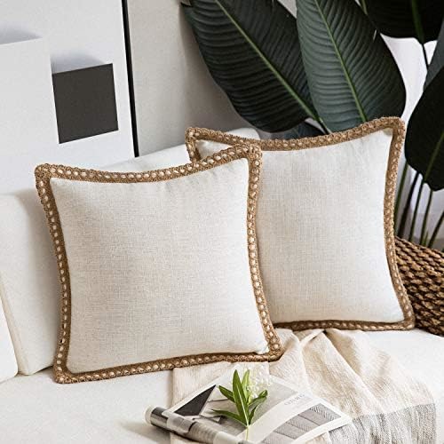 Phantoscope Pack of 2 Farmhouse Decorative Throw Pillow Covers,Solid pattern for home Burlap Linen Trimmed Tailored