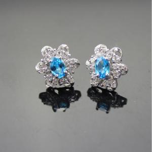 Quality Sterling Silver Oval Blue Topaz Clear Cubic Zircon Earrings（E01） wholesale