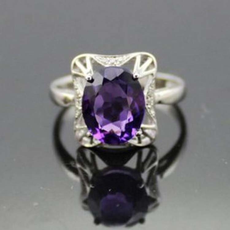 925 Sterling Silver Oval Purple Cubic Zircon Ring (F08)