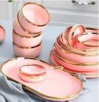Gold Rim Pink Round Porcelain Dinnerware Set for Coffee shop
