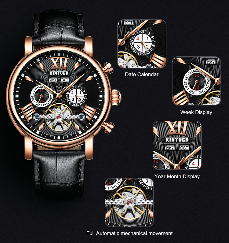 KINYUED oem waterproof custom logo leather fashion tourbillon skeleton wrist watch luxury automatic watches