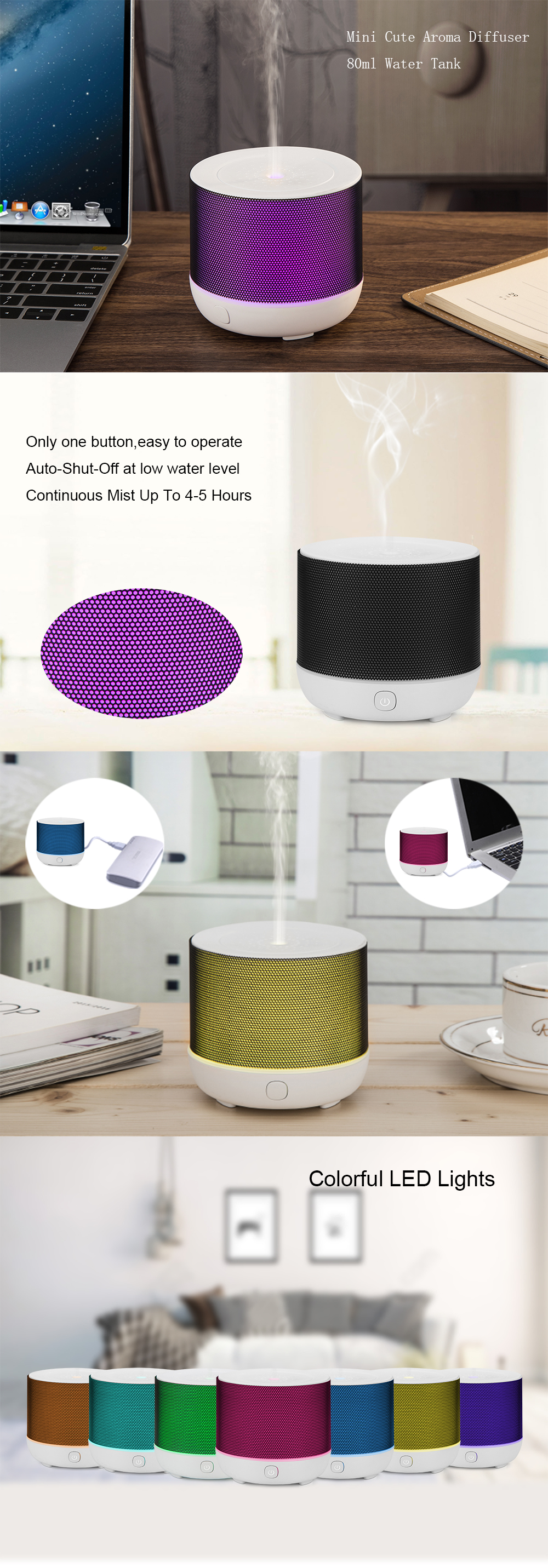 PP Plastic LED Lights 2W 80ml Ultrasonic Aroma Diffuser