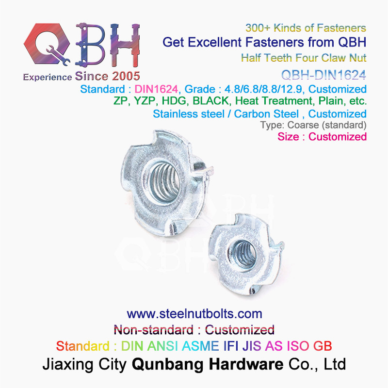 QBH M4-M10 DIN1624 Blue White Yellow Zinc Plated Carbon Steel Half Teeth Four Claw T Nuts