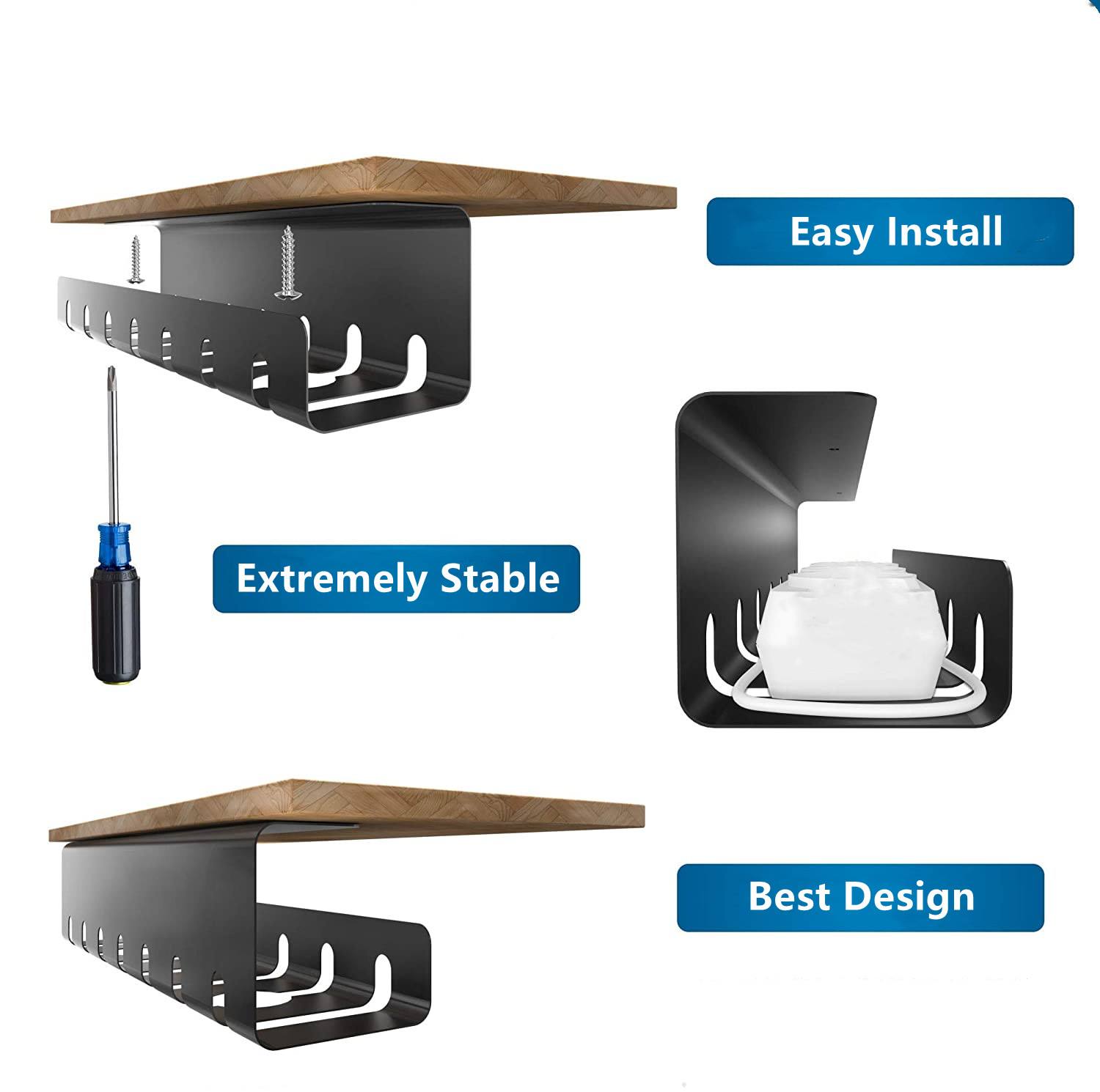 Organize Power Strip Wires Under Desk with Flexible Single Tier Cable Management Tray