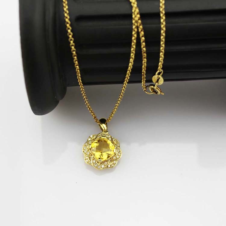 18k Yellow Gold Plated 925 Silver 8mm Round Champagne Citrine CZ Flower Style Pendant Necklace (P09)