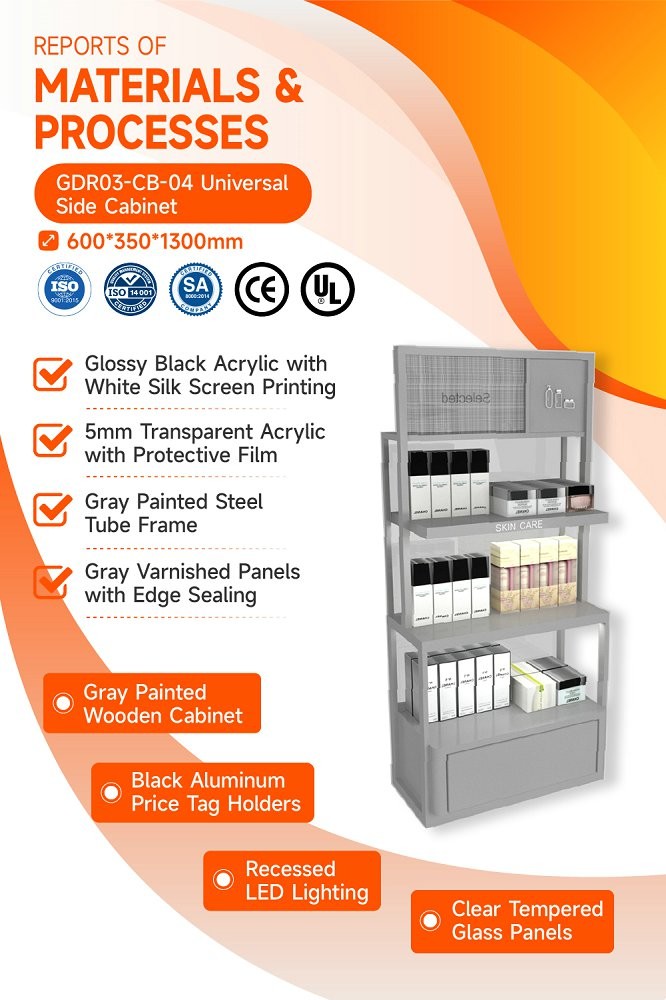 GDR03-CB-04 Universal Side Cabinet With LED Strip Lights And Transparent Tempered Glass For Specialty Beauty Stores