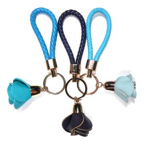 Quality Hand Stitched Blue Rose Personalized Leather Keyring Brass Plated CE Approved wholesale