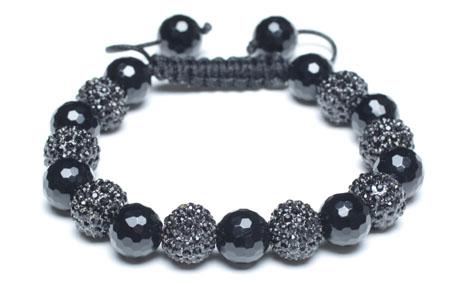 Adjustable Shamballa Bracelet, Black Onyx Faceted Rounds & Gunmetal Rhinestone