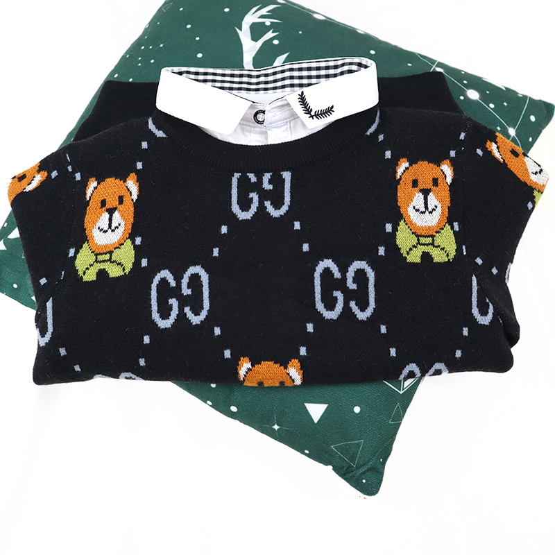 Children's fake-shirt Collar faux shirt Collar neck Jacquard Knit Bear Pattern Boy Girl Kid Winter sweater