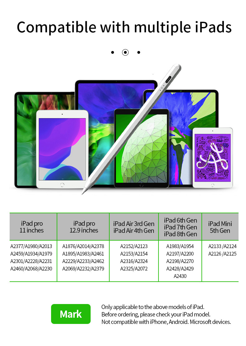 Apple Stylus Touch Screen Writing Pen Pencil Tilt Sensitivity ±60°