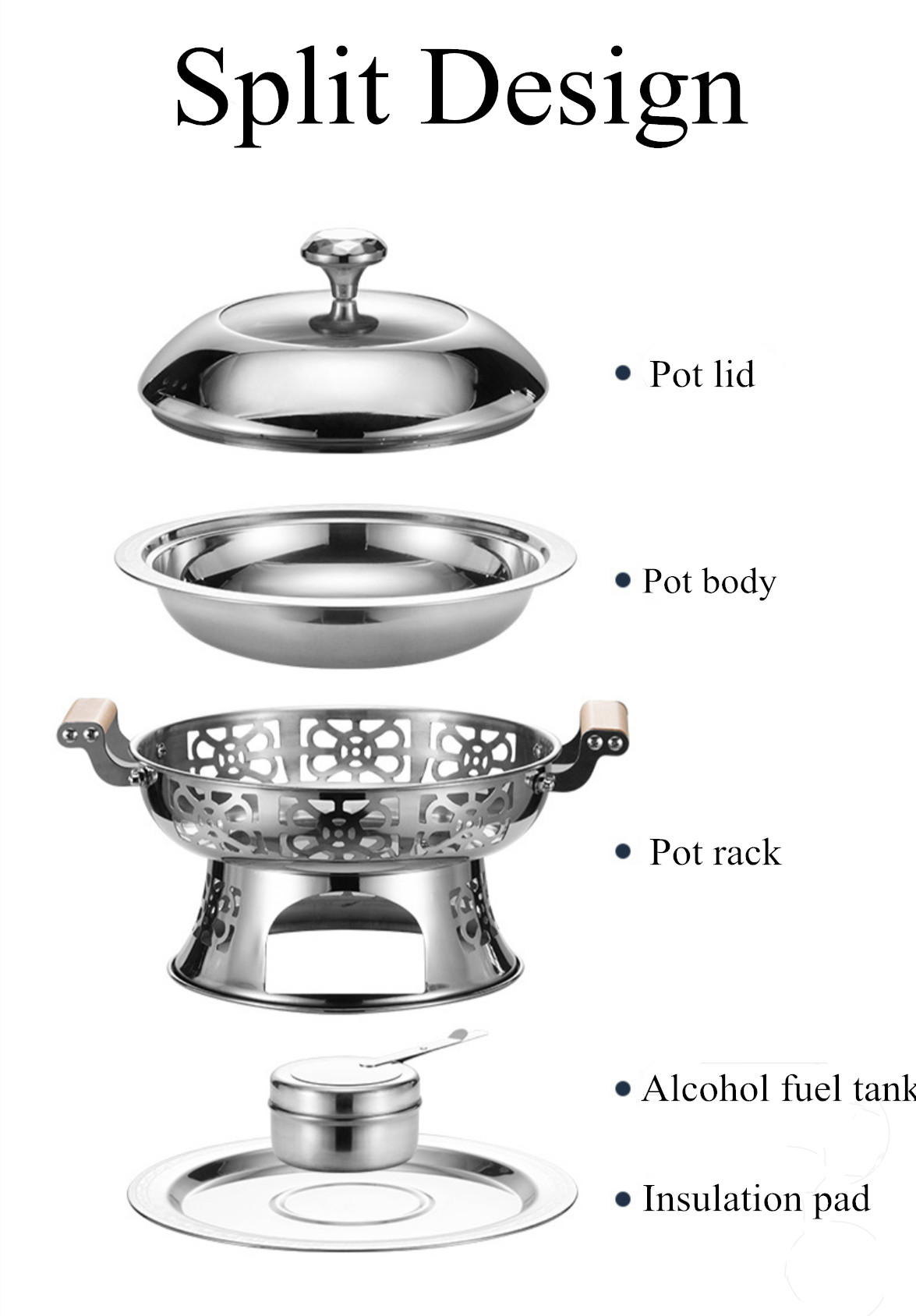 Round Handle Stainless Steel Chafing Dish Wooden Heat Resistant For Sliver Durable