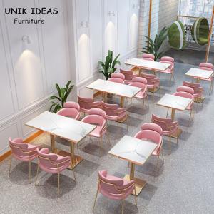 Quality Metal Restaurant Dining Table And Chairs Upholstery Fabric With Gold Legs 800mm wholesale