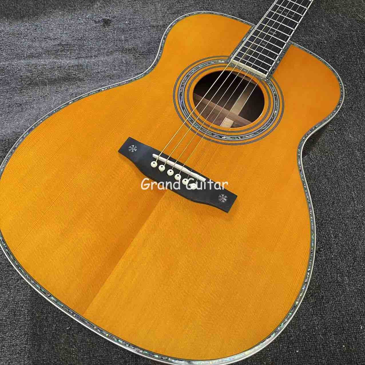 Custom OM Body Spruce Top Yellow Painting Gloss Finishing Acoustic Electric Guitar with ROSEWOOD Back Side
