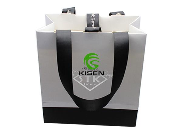 150 * 160 * 80mm Recycled Coated Paper Bags , Black / White Retail Bags With