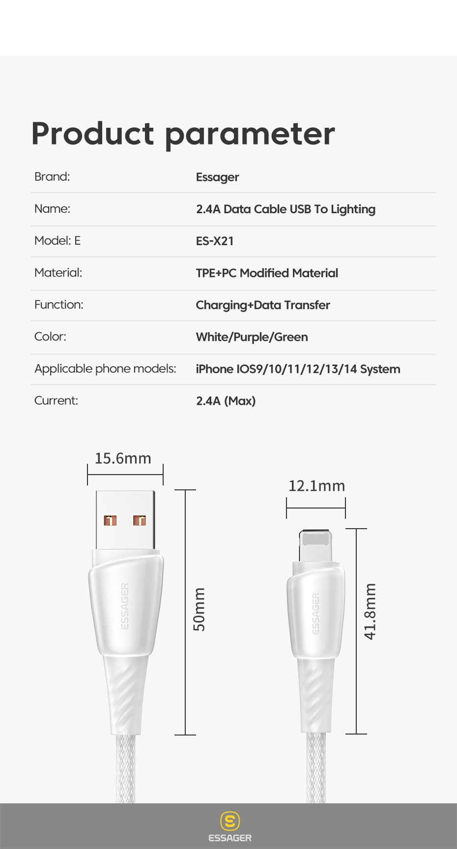 Essager 2022 Rainbow USB A To L Cable Fast Charging 0.5m 1m 2m 3m