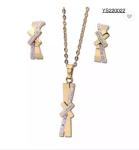 Gold Stainless Steel Jewelry Set X Shaped Rhinestone Stud Earrings And Necklace