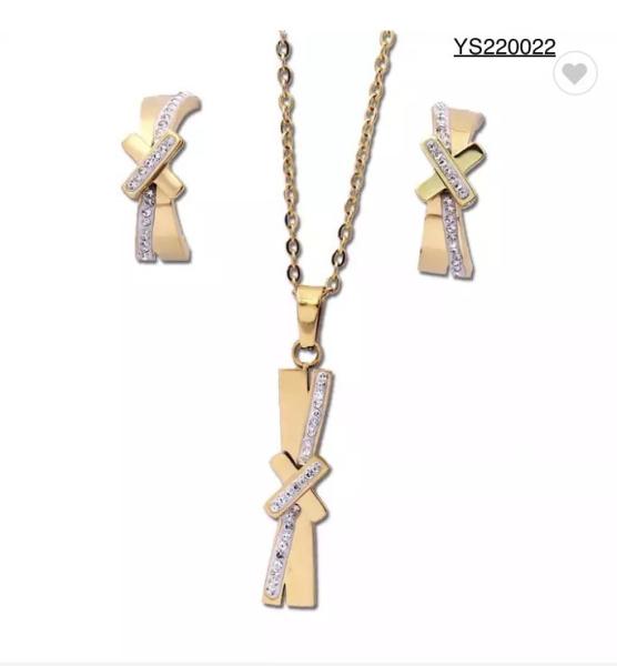Gold Stainless Steel Jewelry Set X Shaped Rhinestone Stud Earrings And Necklace