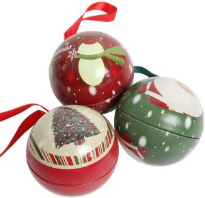 Quality Christmas Tree Baubles Ornaments Tinplate Candy Tin Box Xmas Tree Ball Pendant Kids Holiday Surprise Gift wholesale