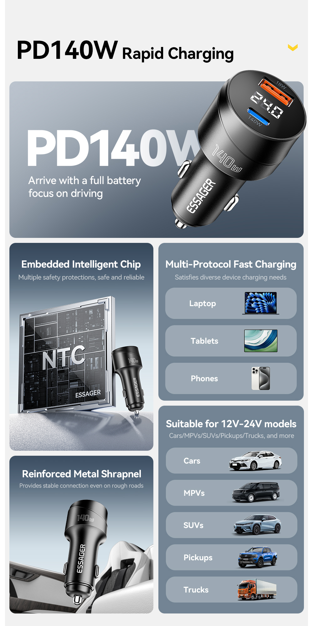 ESSAGER ES-CC19 Series 140W Car Phone Charger Best Car Charger