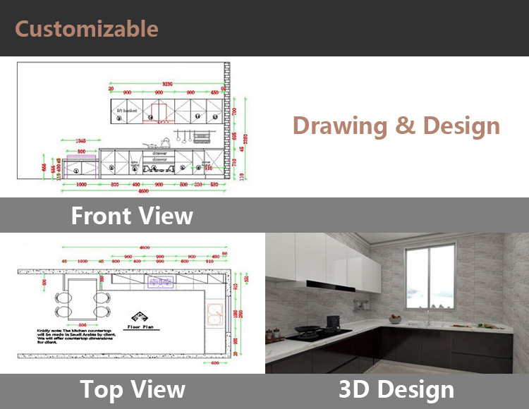 CAD Drawing Economical Modular Kitchen Cabinets With Lacquer Paint Doors