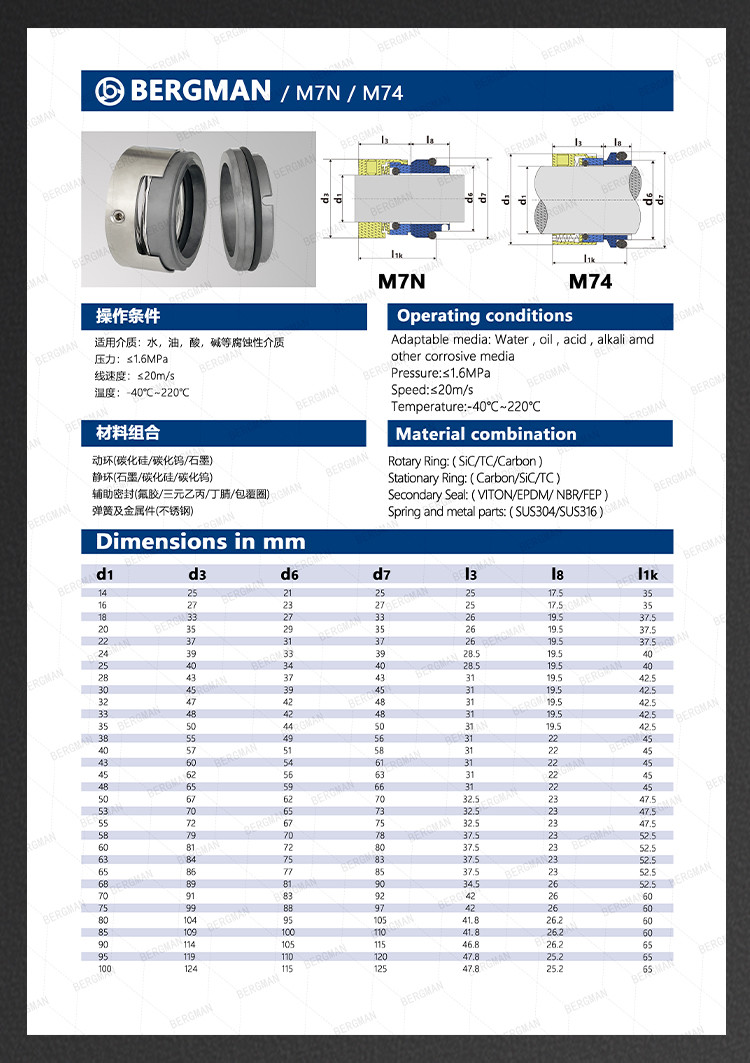 BERGMAN M37 120 M3N 18mm-90mm G60 G4 G6 G9 G13 G16 BS Bo BP Pump Mechanical Seal