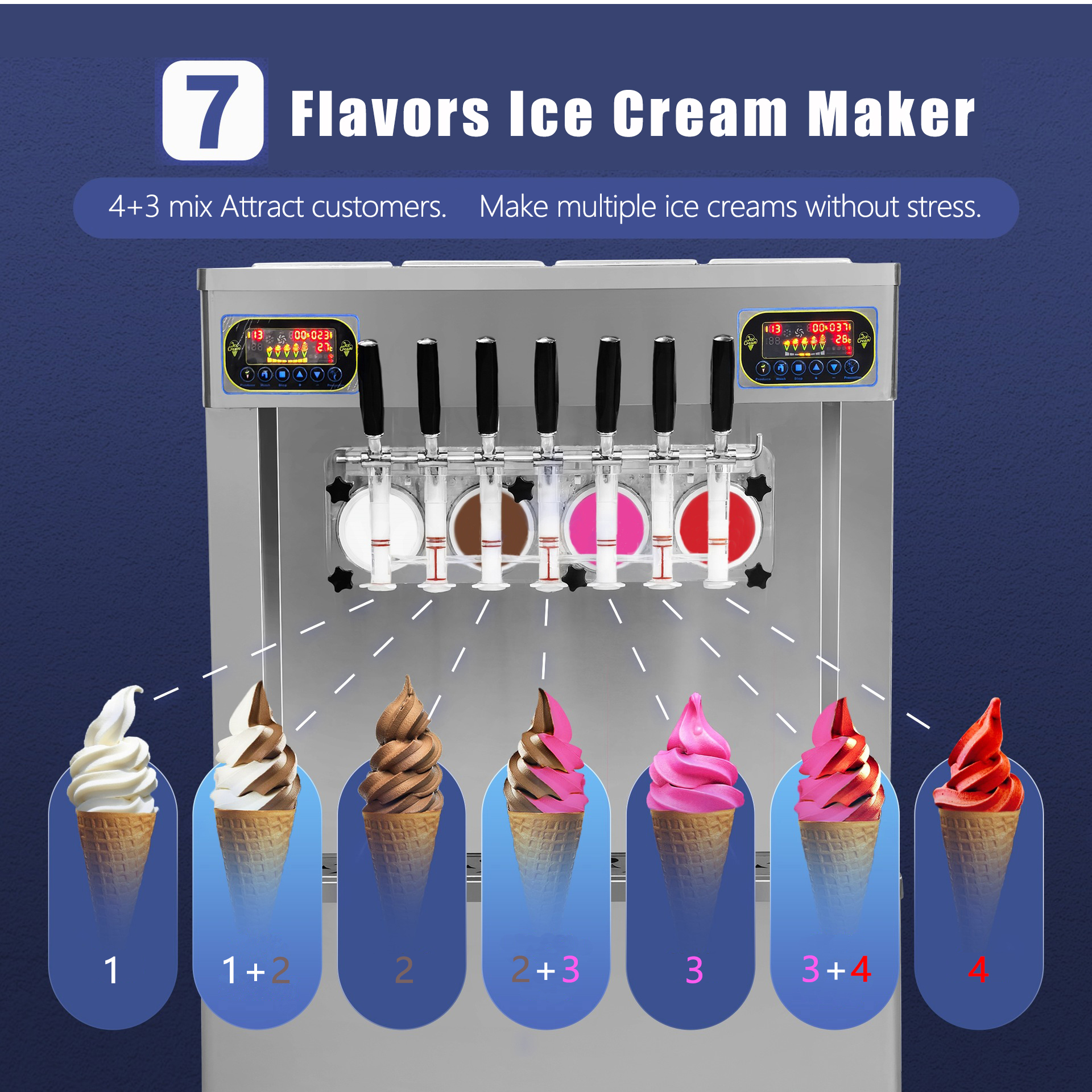 Continuous Production Capacity 540 cups /70g Soft Serve Ice Cream Machine 7 Flavors Automatic Yogurt Icecream Maker