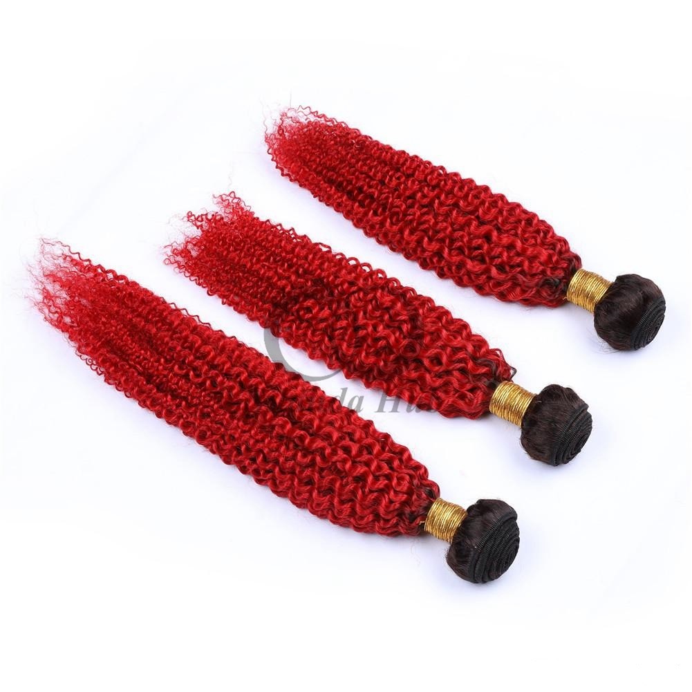 #T1B/Red Kinky Curly Remy Human Hair Bundles Sew In Weave Bundles Brazilian Bundle Deals