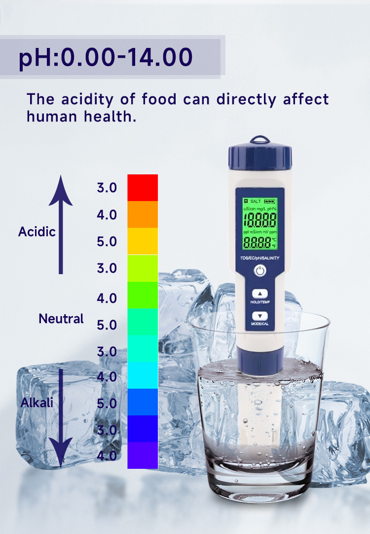 Multiparameter pH Meter 5 in 1 TDS/EC/Salinity/TEMP Tester with Replaceable Electrode