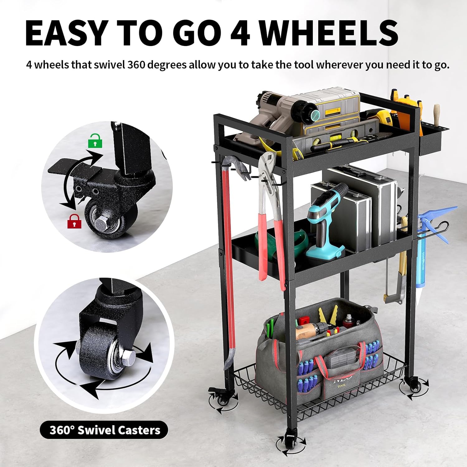 Wall Mount 3 Tier Drill Rack Shelf Rolling Cart Tool Holder for Workshop Organization