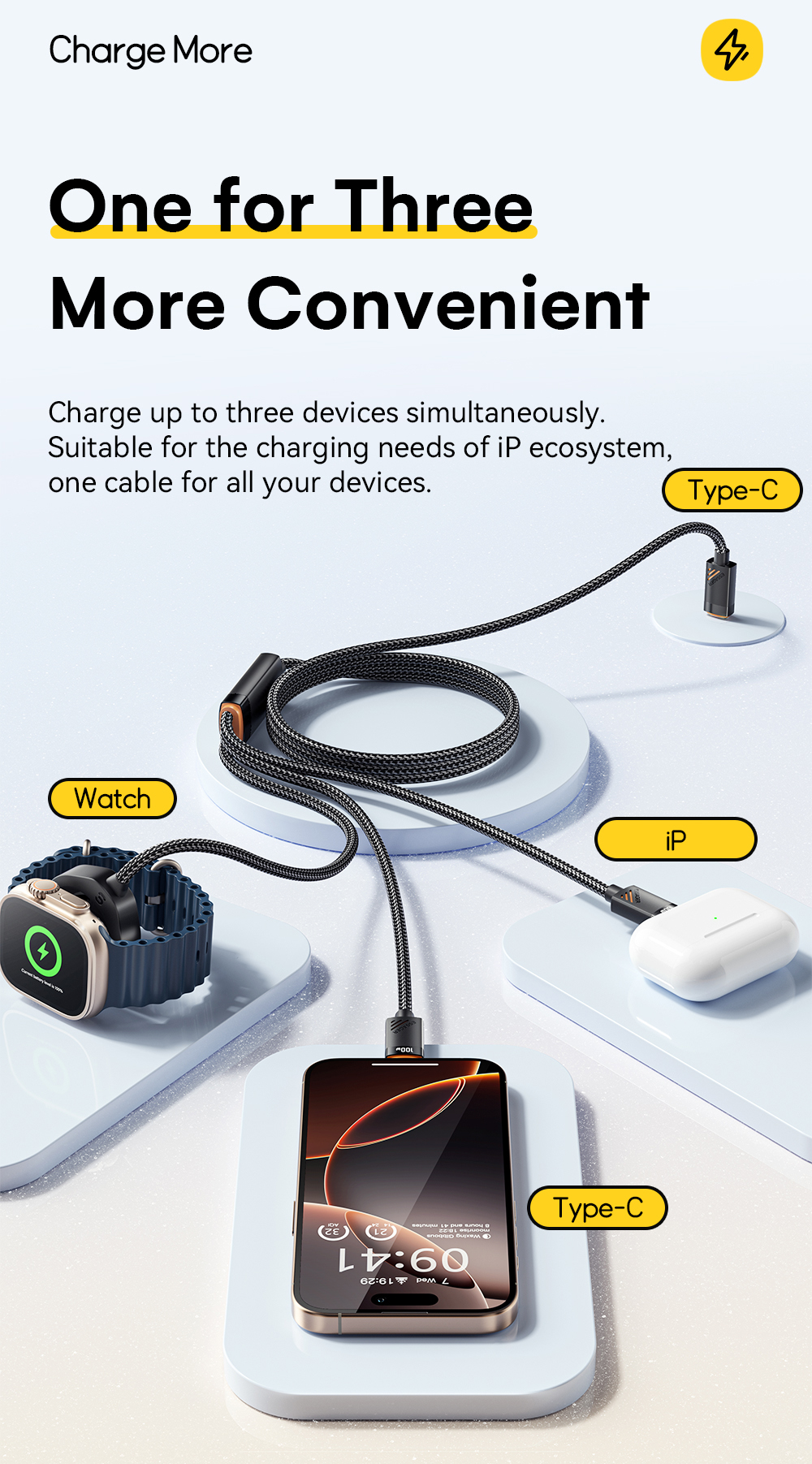 ESSAGER ES-X66 Series 100W USB C to USB C+L+Wireless Watch Charger 3 in 1 Cable