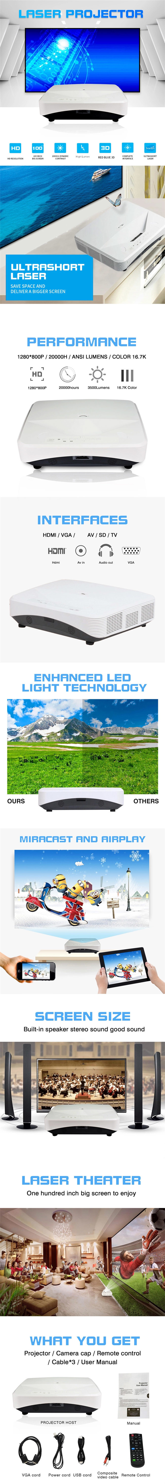 3500 ANSI 1080p Lcd Laser Projector Ultra Short Throw For Home Cinema