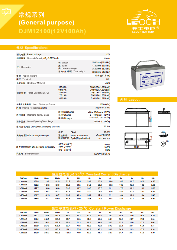Electric Energy 1.2 Wh 12V100AH Leoch DJM12100 Maintenance Free Lead Acid Gel Battery Chargeable and Durable