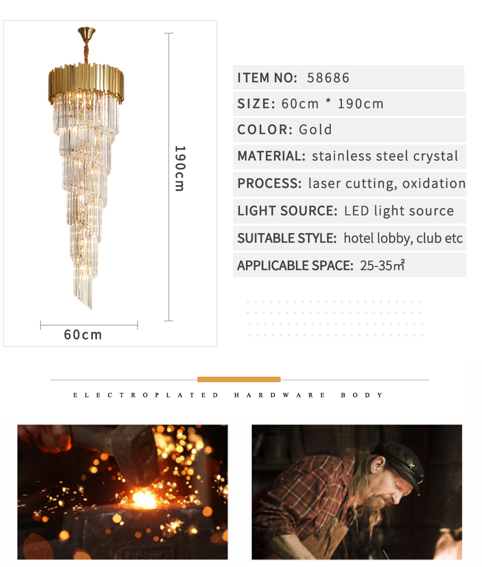 Hotel Theater Villa Large Chandelier Lighting Luxury Stainless Steel Multi-layer Top Long Crystal Lamp(WH-NC-47)