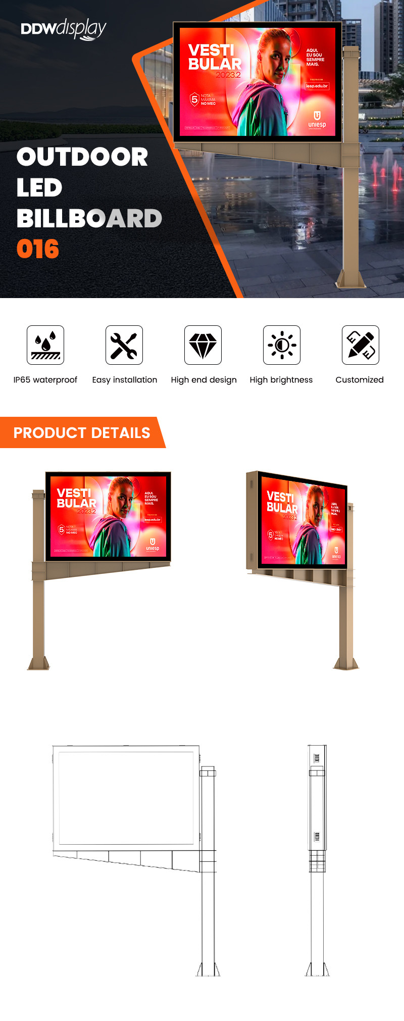 High brightness 8000nits IP65 p6 led digital double sided display screen billboard outdoor advertising
