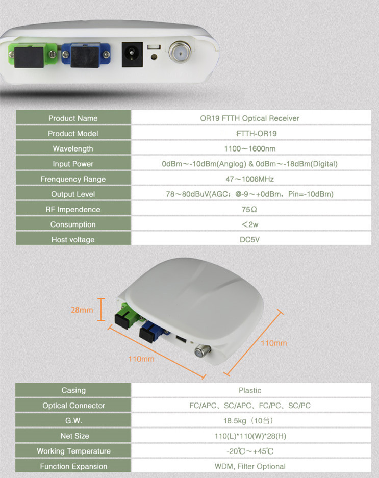 SC FC Connector FTTH Mini Optical Receiver Single Output With WDM For Cable TV AGC