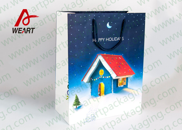 C1S Card Paper Christmas Present Bag , PP Flat Ribbon Christmas Brown Paper Bags